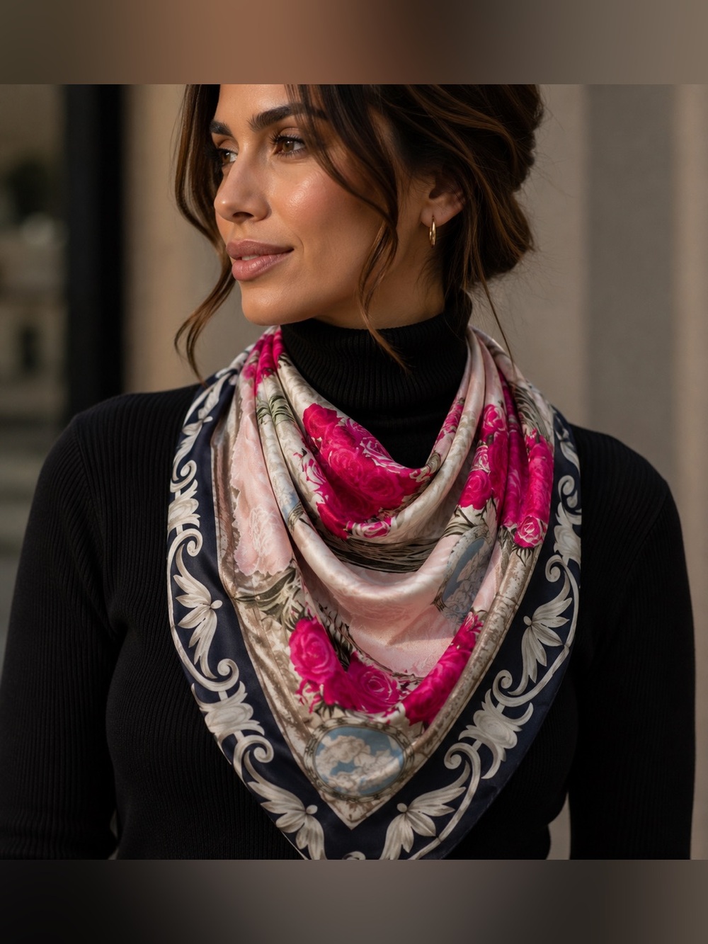 Floral Rose Print Square Scarf in Pink and Navy